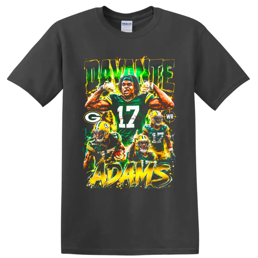 Davante Adams Packers number 17 football collage with electric green and gold ADAMS text on a Charcoal T Shirt