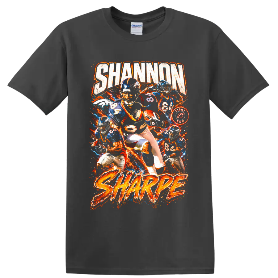 Shannon Sharpe Denver Broncos number 84 fiery vintage football collage graphic on a Charcoal T Shirt