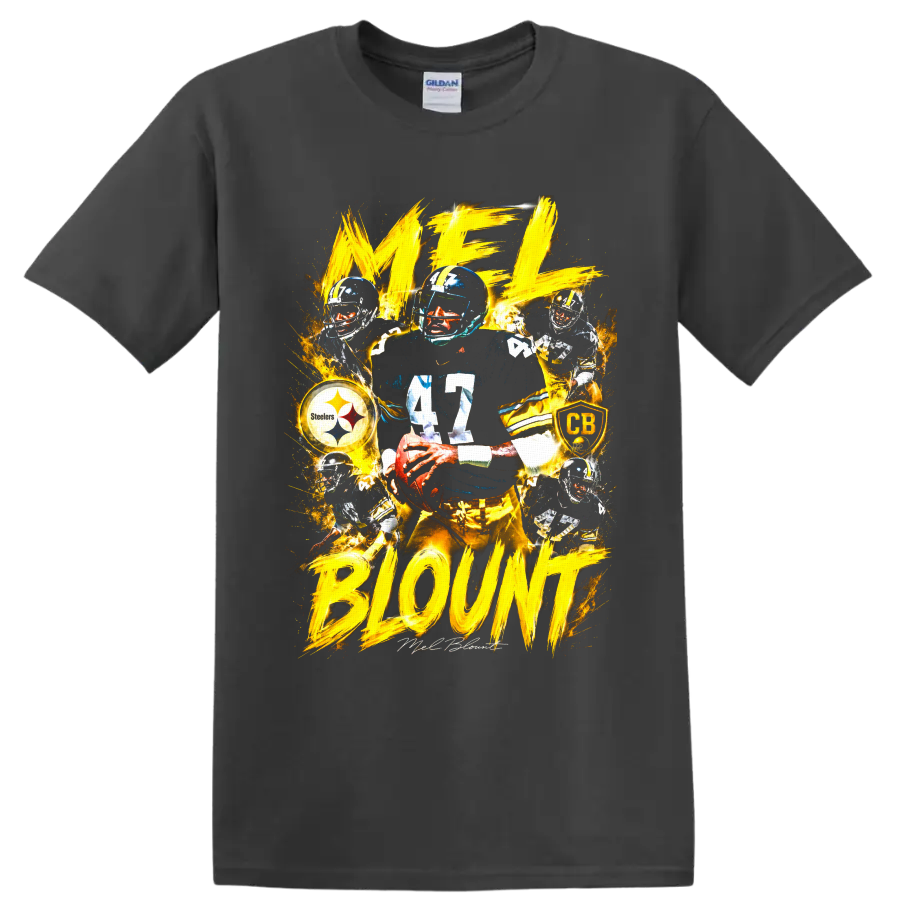 Mel Blount No. 47 Steelers action collage with gold brushstroke lettering on a Charcoal T Shirt