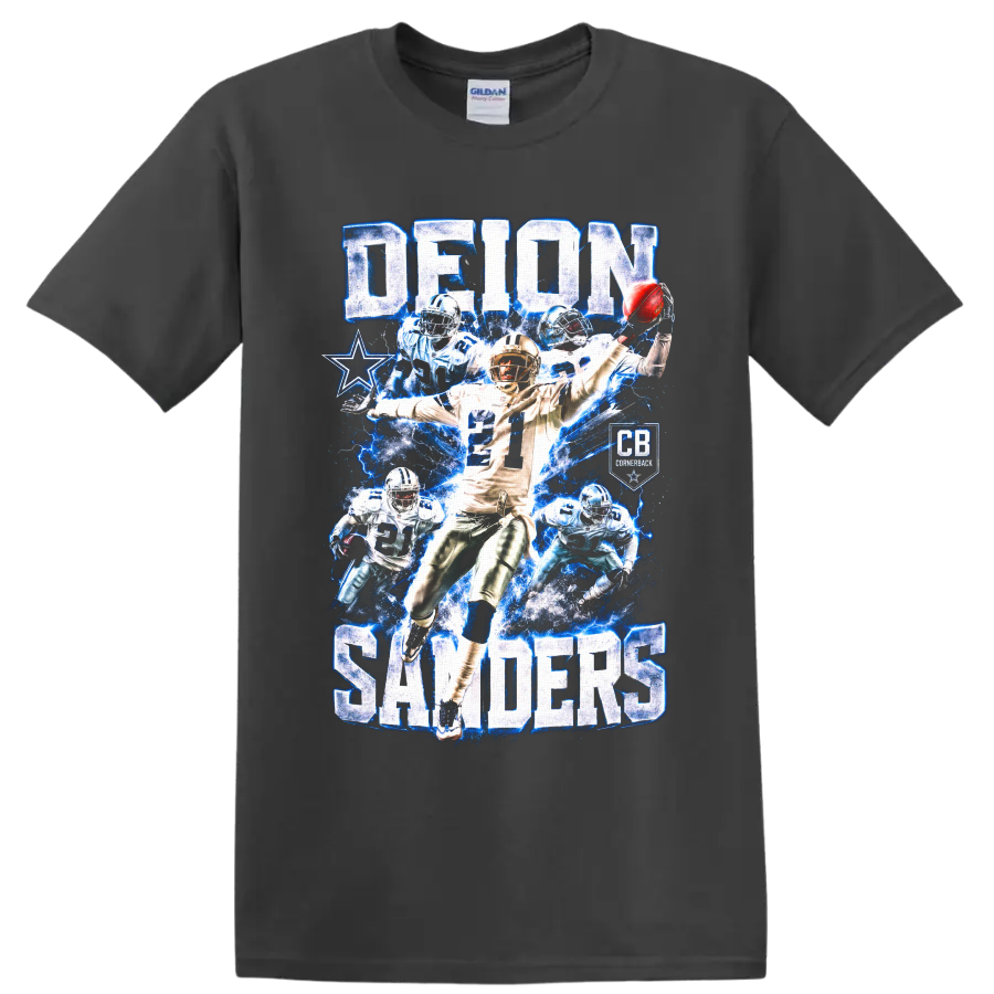 Deion Sanders Dallas Cowboys number 21 cornerback collage with blue lightning and star on a Charcoal T Shirt