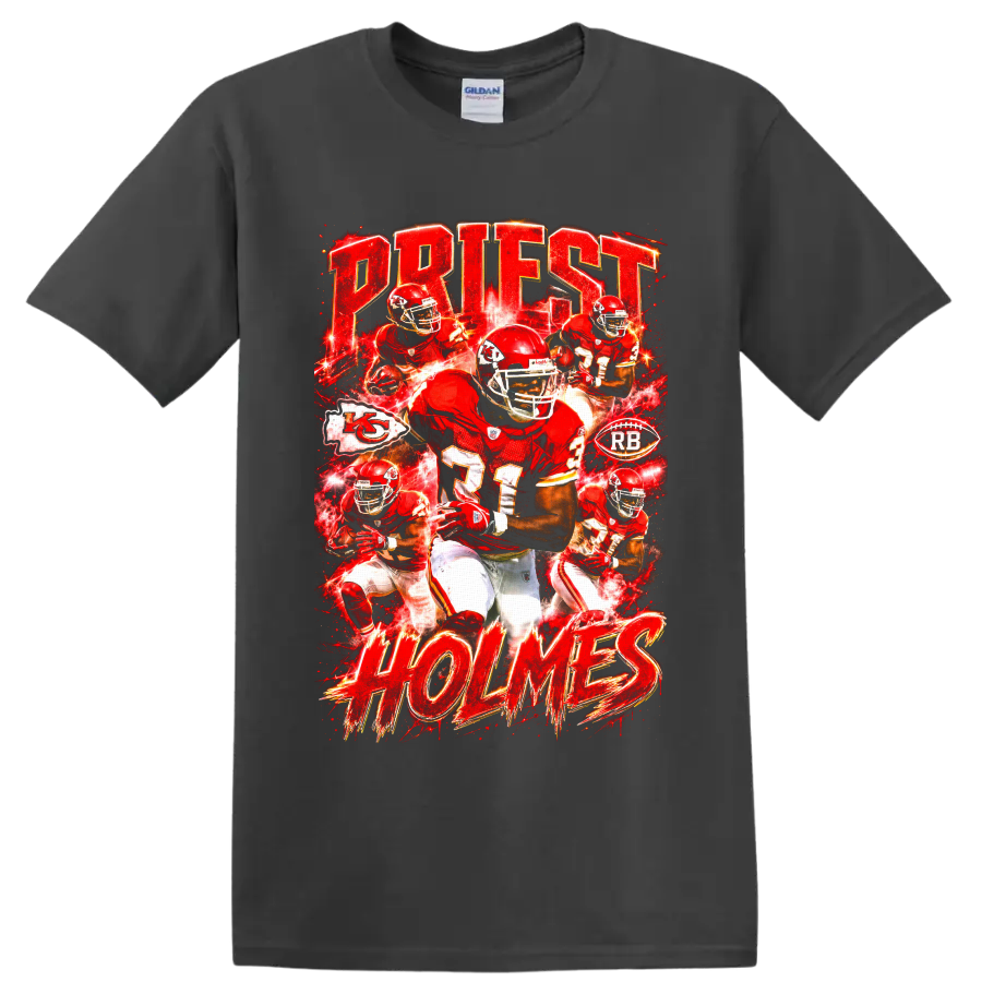 Priest Holmes Kansas City Chiefs running back action collage with PRIEST HOLMES lettering on a Charcoal T Shirt