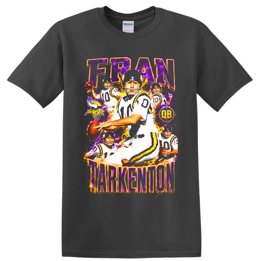 Fran Tarkenton Vikings quarterback collage with purple lightning and FRAN TARKENTON text on a Charcoal T Shirt
