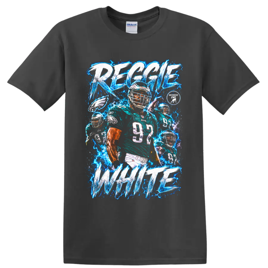 Reggie White Eagles number 92 football collage with electric lightning and bold lettering on a Charcoal T Shirt