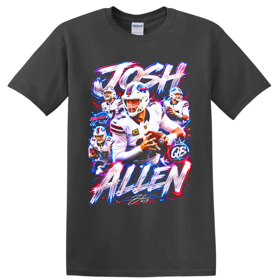 Josh Allen Buffalo Bills quarterback neon action collage with JOSH ALLEN lettering on a Charcoal T Shirt