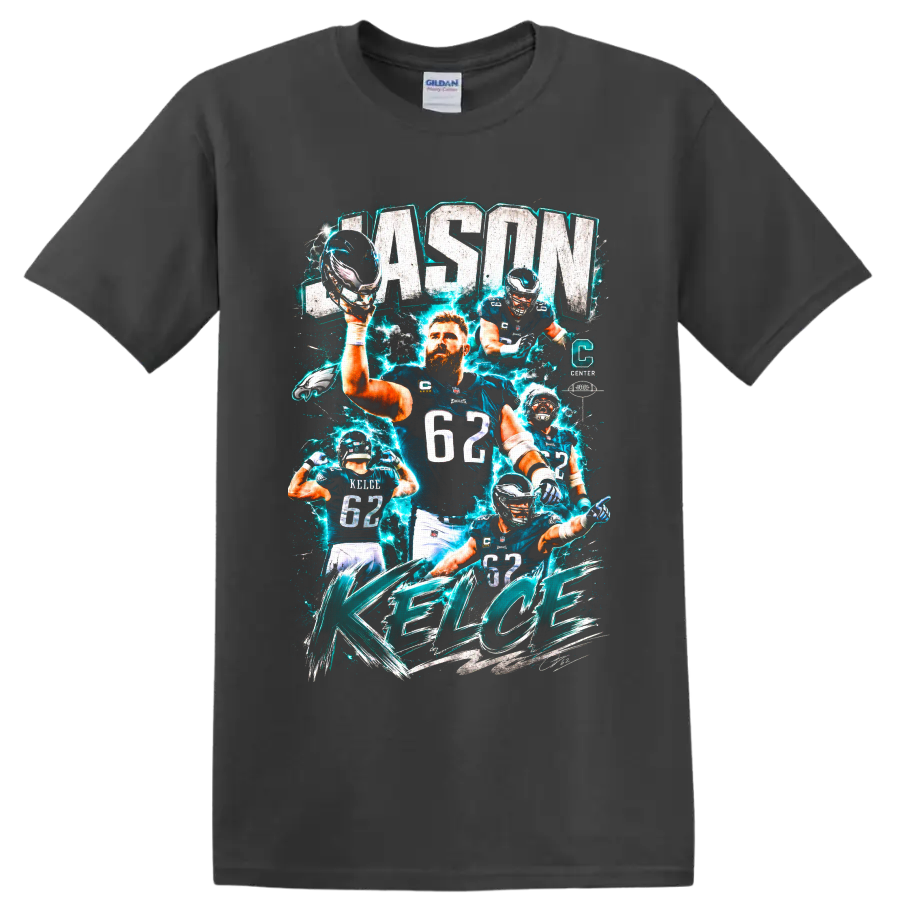 Jason Kelce Eagles center collage with electric teal effects and KELCE lettering on a Charcoal T Shirt