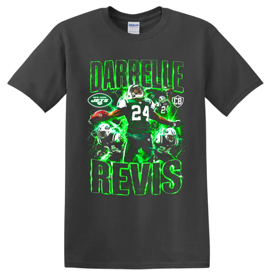 Darrelle Revis New York Jets number 24 football collage with green lightning on a Charcoal T Shirt