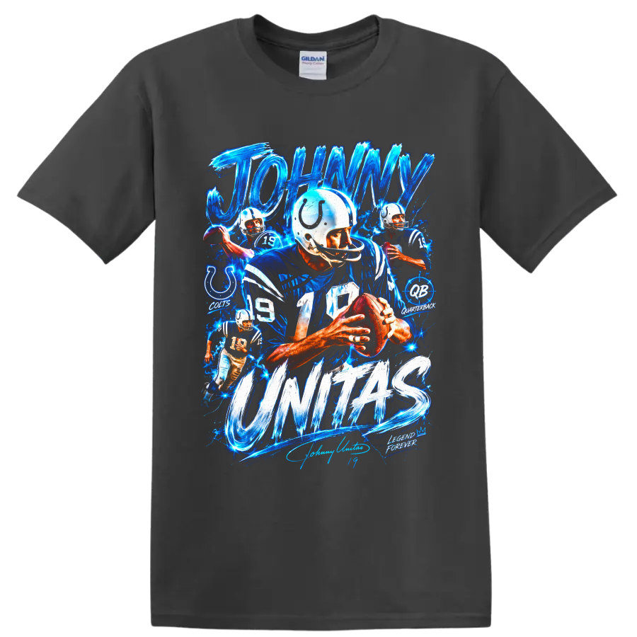 Johnny Unitas Baltimore Colts number 19 quarterback collage with electric blue lettering on a Charcoal T Shirt