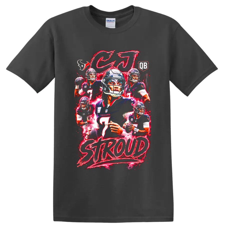 C.J. Stroud Houston Texans football collage with red neon effects and STR0UD text on a Charcoal T Shirt