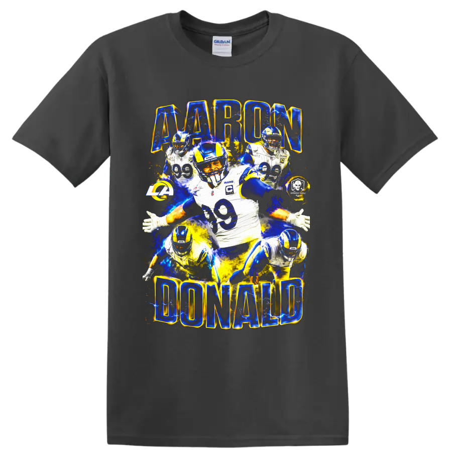 Aaron Donald Los Angeles Rams number 99 football collage with electric lettering on a Charcoal T Shirt