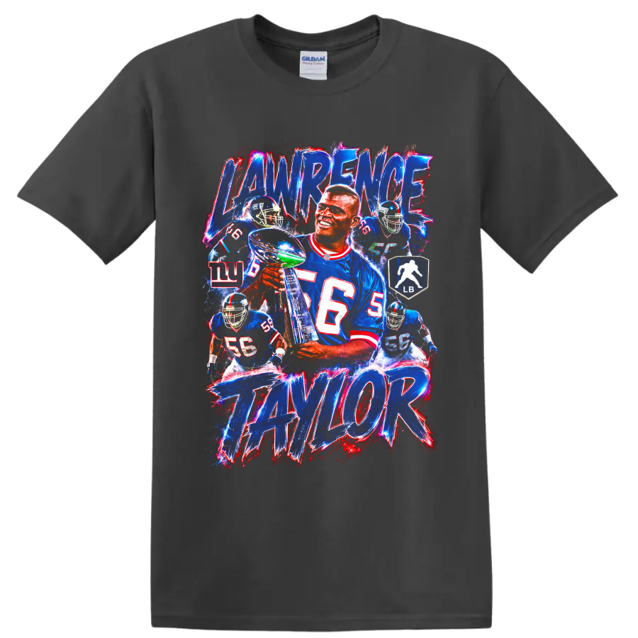 Lawrence Taylor New York Giants retro collage with trophy, action poses, and bold on a Charcoal T Shirt