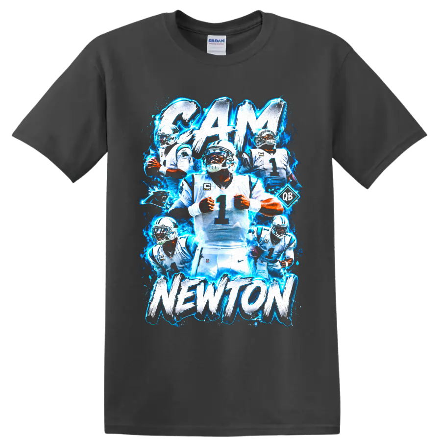 Cam Newton Panthers football collage with electric blue effects and CAM NEWTON text on a Charcoal T Shirt