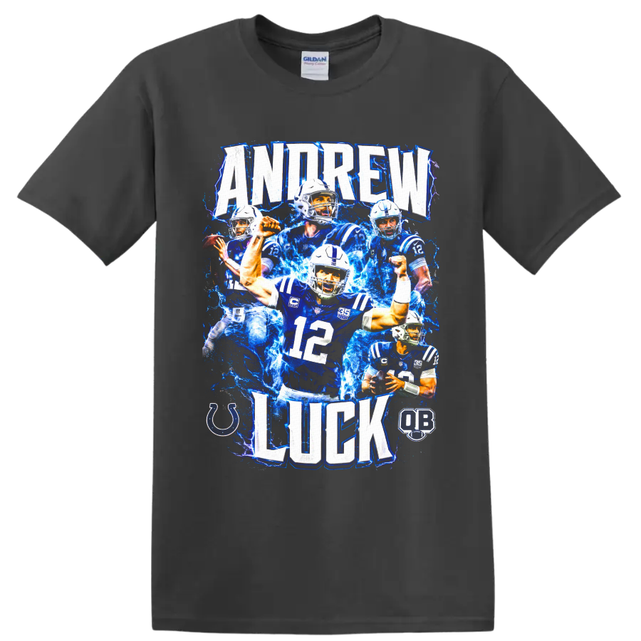 Andrew Luck Colts quarterback collage with number 12 and electric-blue lightning on a Charcoal T Shirt