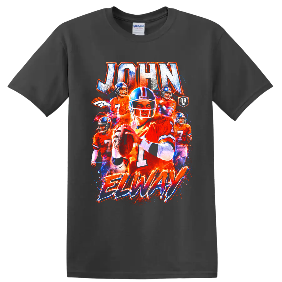 John Elway Denver Broncos quarterback collage with distressed JOHN and ELWAY lettering on a Charcoal T Shirt