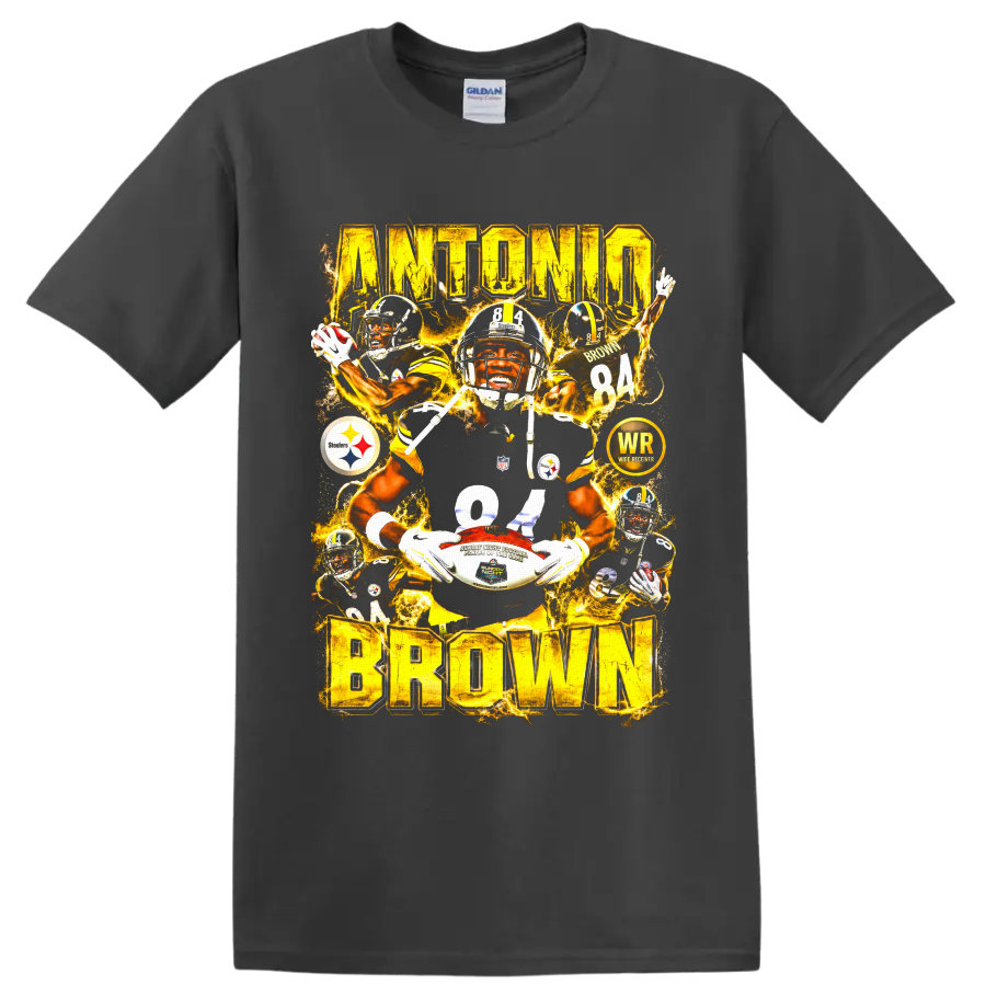 Antonio Brown Pittsburgh Steelers number 84 wide receiver action collage lettering on a Charcoal T Shirt