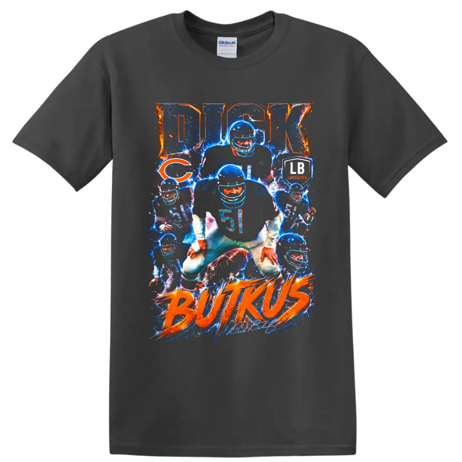 Dick Butkus Chicago Bears No. 51 electric football collage with BUTKUS lettering on a Charcoal T Shirt