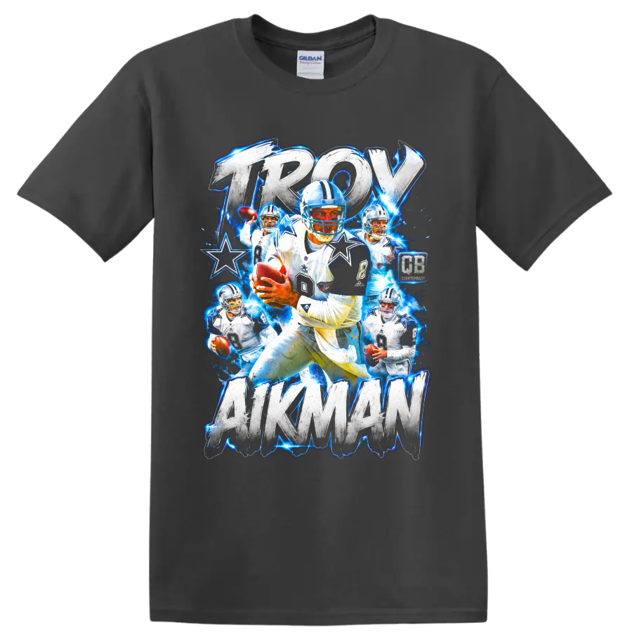 Troy Aikman Dallas Cowboys number 8 football collage with distressed lettering and stars on a Charcoal T Shirt