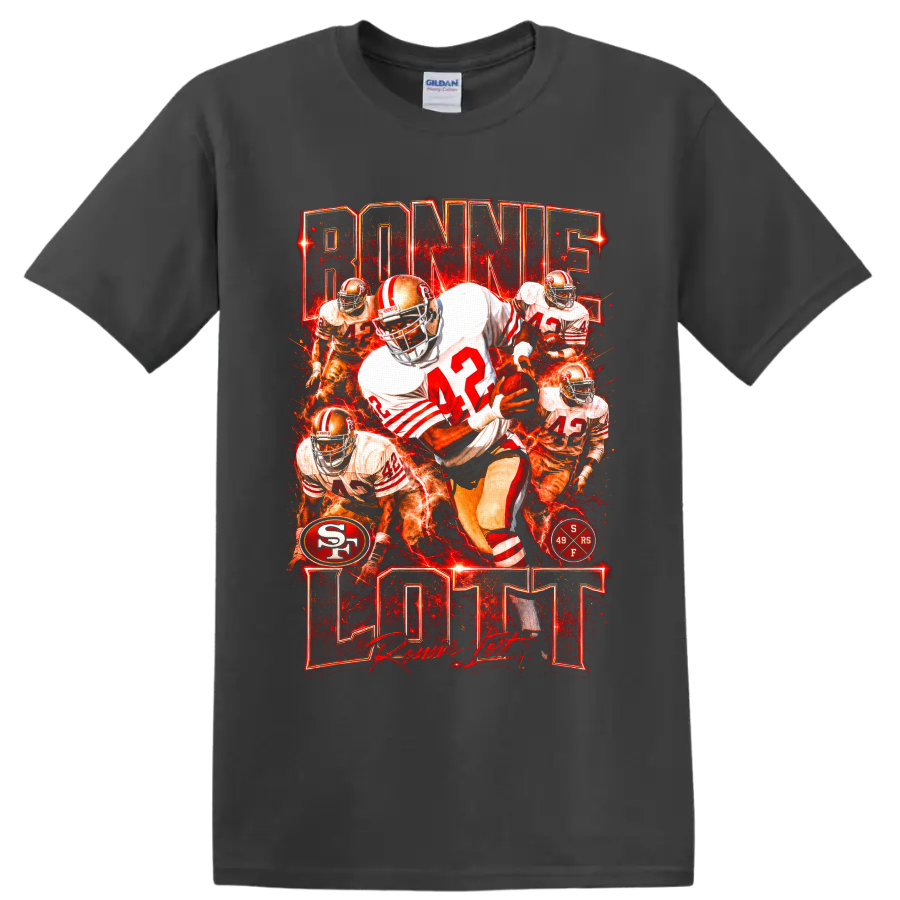 Ronnie Lott 49ers number 42 football collage with fiery red vintage graphic style on a Charcoal T Shirt