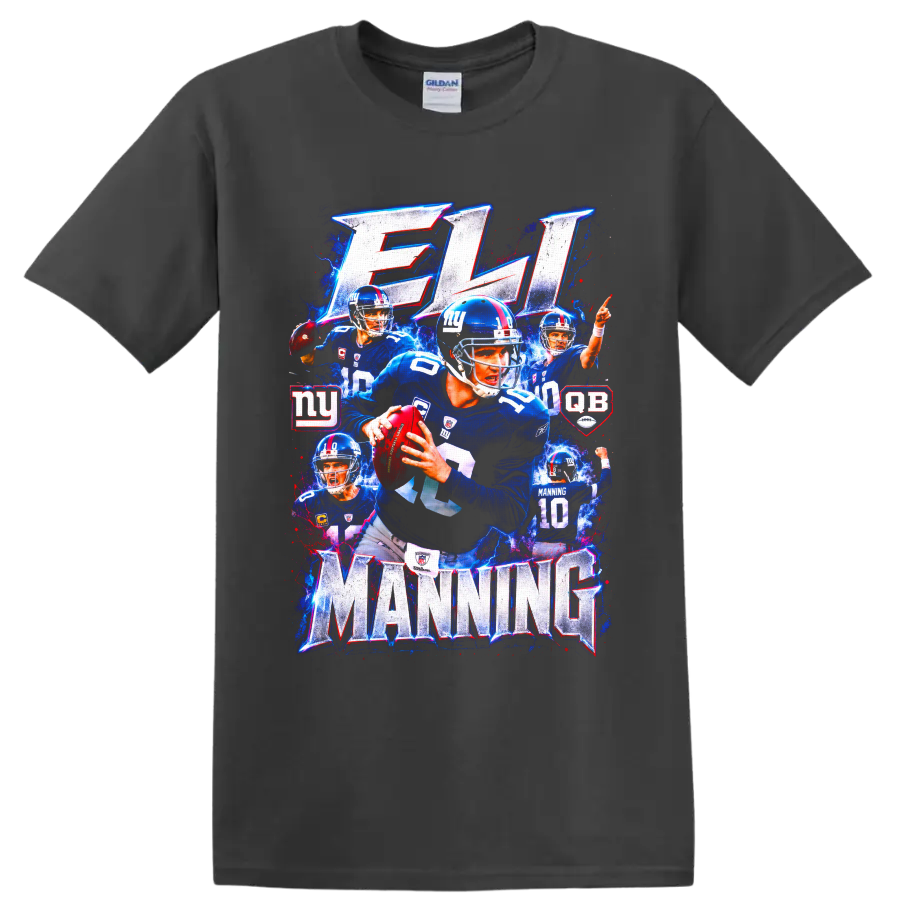 Eli Manning New York Giants quarterback collage with ELI and MANNING lettering on a Charcoal T Shirt