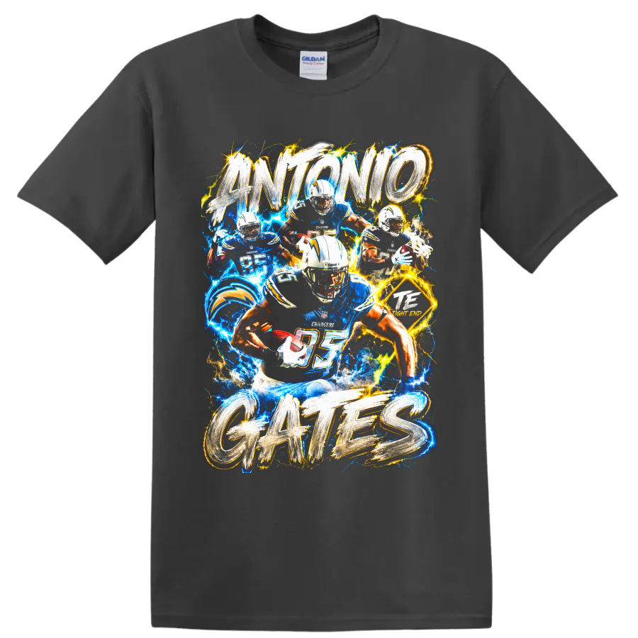 Antonio Gates Los Angeles Chargers tight end collage with electric lightning and bold on a Charcoal T Shirt
