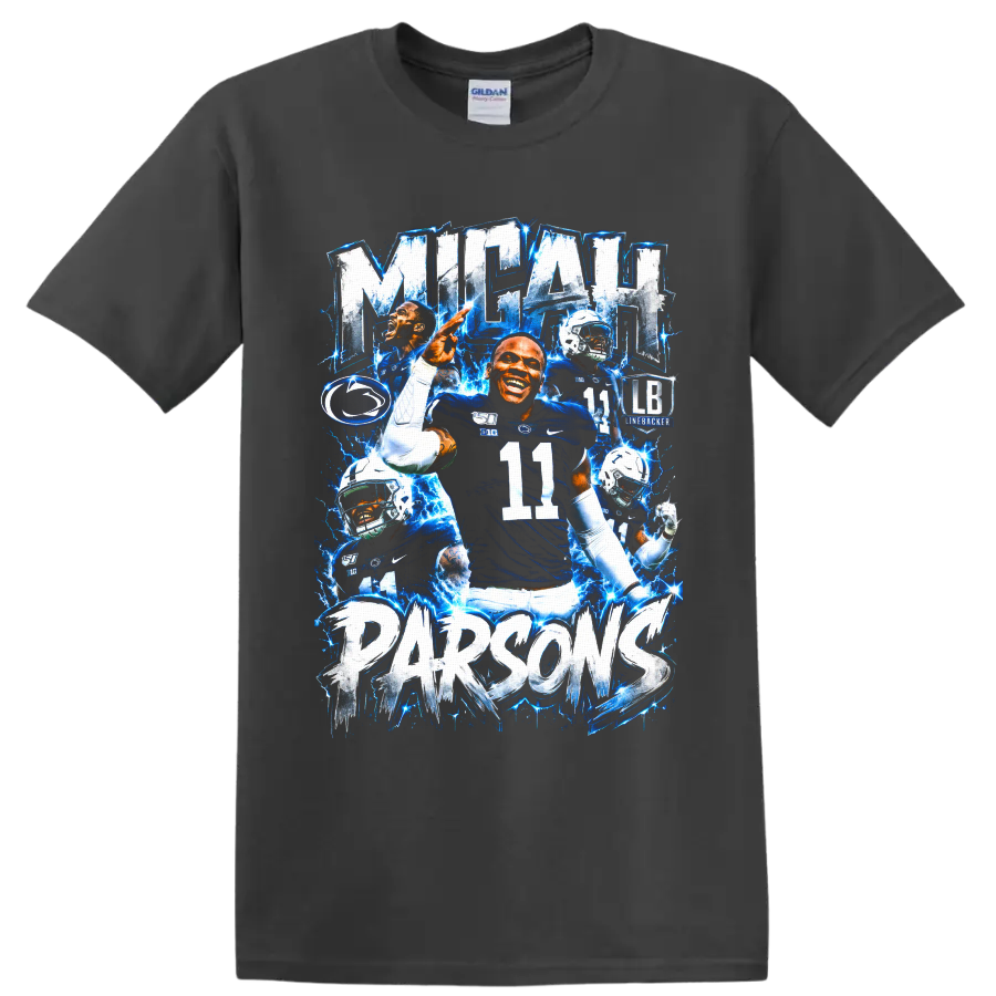 Micah Parsons Penn State linebacker collage with number 11 and electric blue lightning on a Charcoal T Shirt