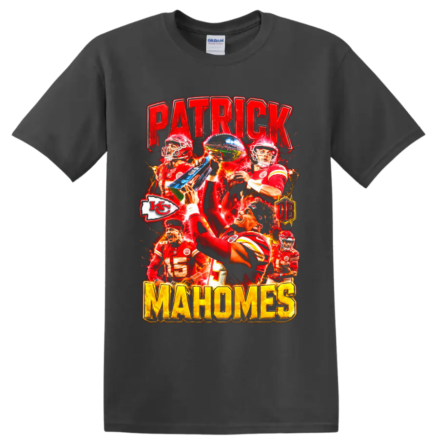 Patrick Mahomes Chiefs trophy football collage with PATRICK and MAHOMES lettering on a Charcoal T Shirt