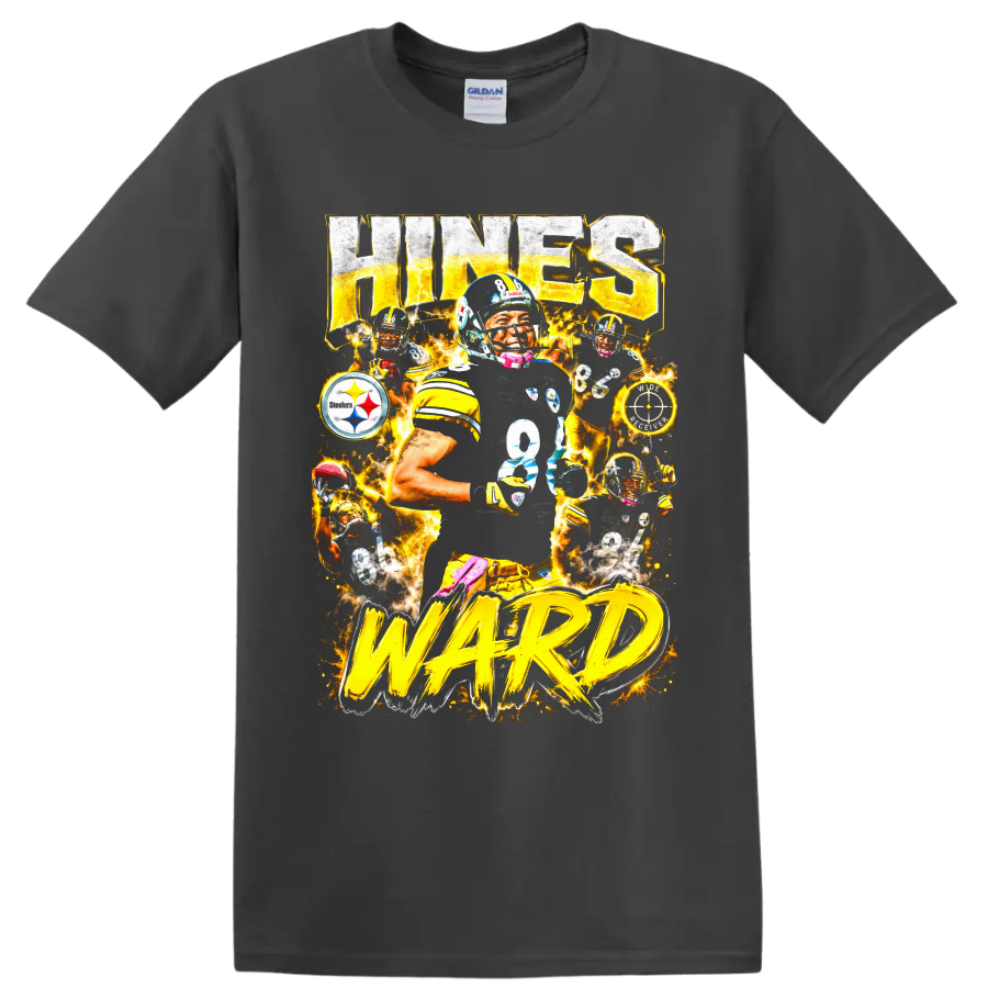Hines Ward Steelers No. 86 action collage with gold lightning and bold Hines Ward on a Charcoal T Shirt
