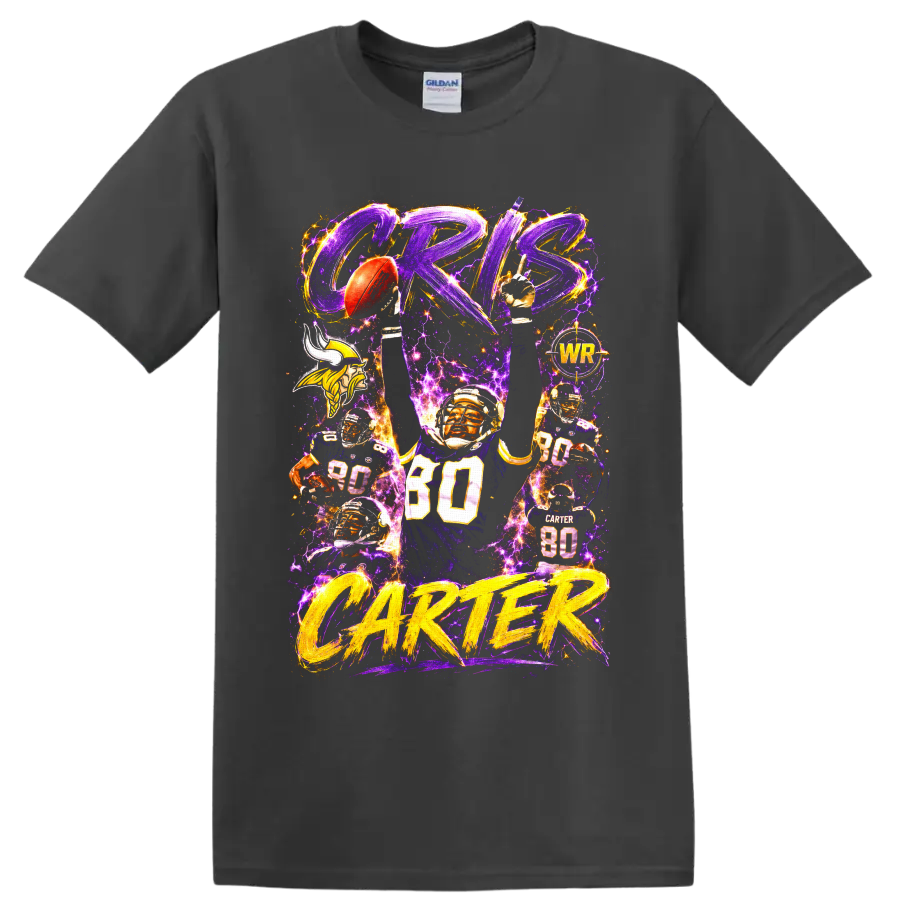 Cris Carter Vikings number 80 football collage with purple lightning and gold lettering on a Charcoal T Shirt
