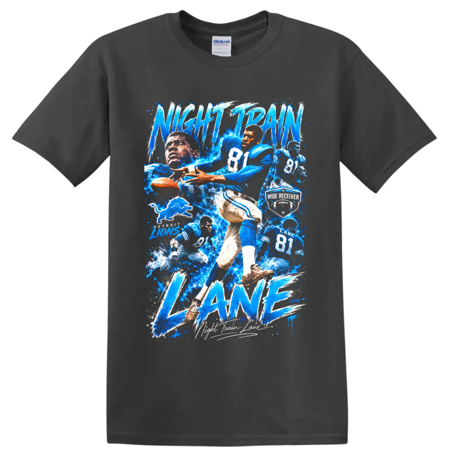 Dick Night Train Lane Detroit Lions football action collage with electric blue lettering on a Charcoal T Shirt