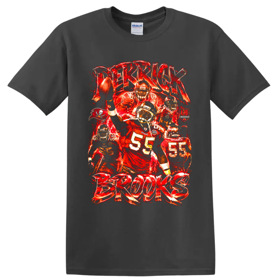 Derrick Brooks number 55 Tampa Bay Buccaneers linebacker collage with bold Brooks on a Charcoal T Shirt
