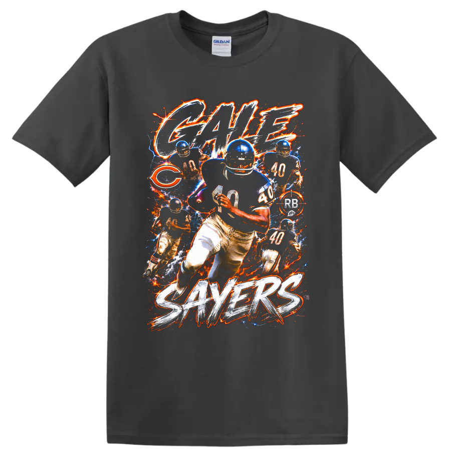 Gale Sayers Chicago Bears No. 40 football action collage with electric fiery effects on a Charcoal T Shirt