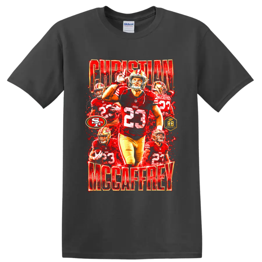 Christian McCaffrey 49ers number 23 football collage with red lightning and player on a Charcoal T Shirt