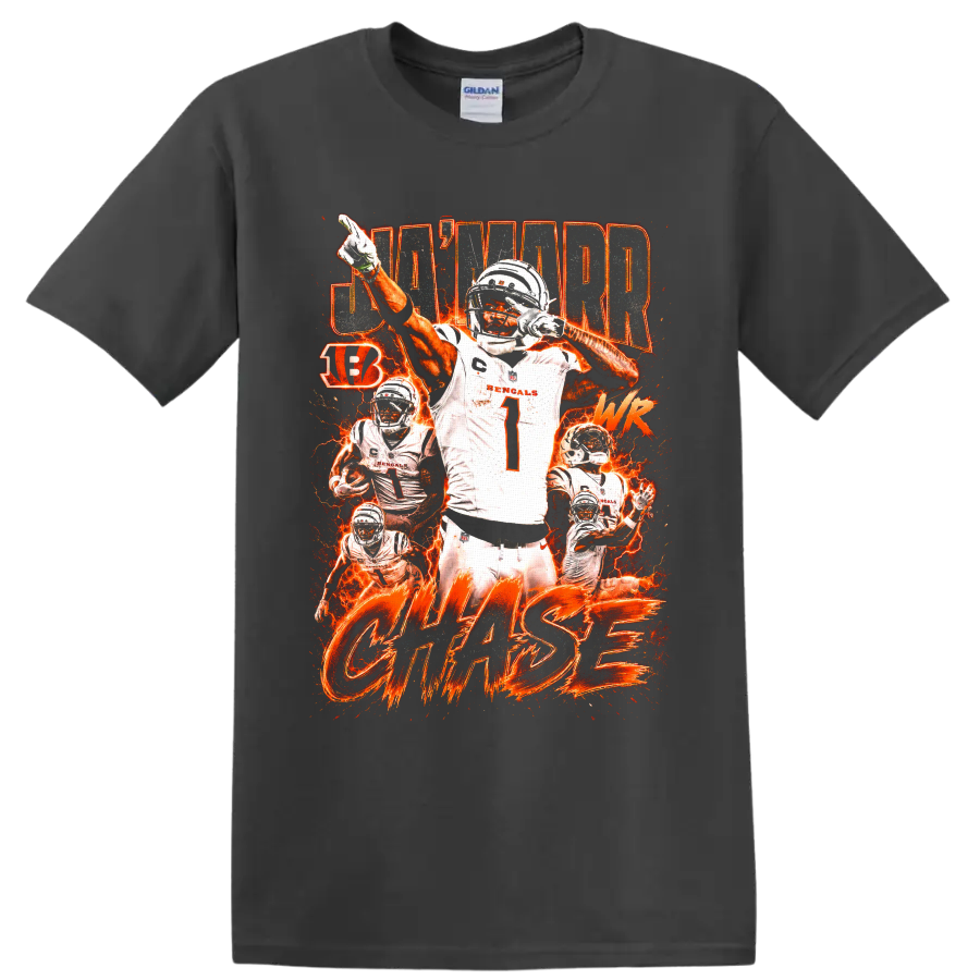 Ja'Marr Chase Bengals number 1 action collage with fiery orange lightning and CHASE text on a Charcoal T Shirt
