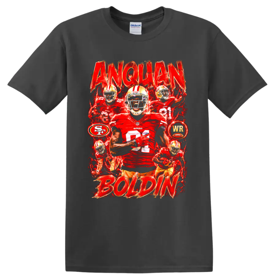 Anquan Boldin 49ers wide receiver action collage with distressed ANQUAN BOLDIN text on a Charcoal T Shirt