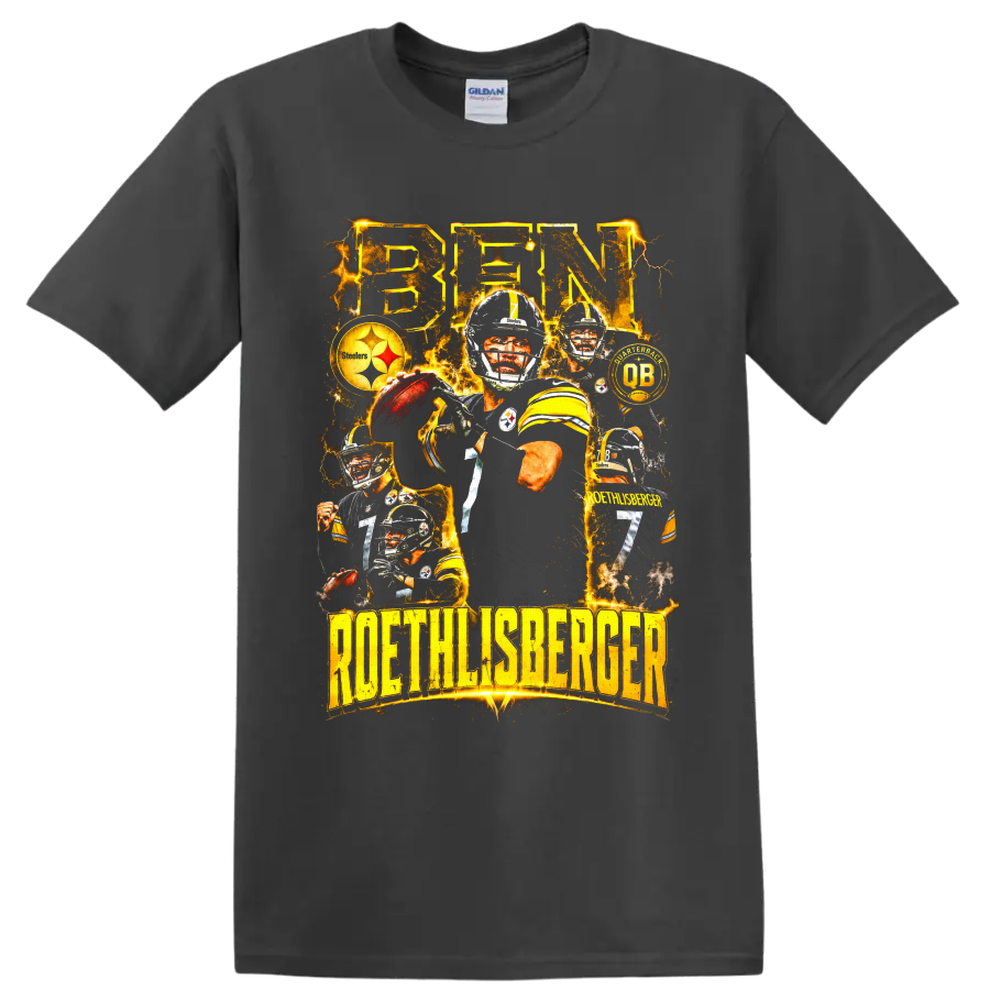 Ben Roethlisberger Pittsburgh Steelers number 7 lightning football collage on a Charcoal T Shirt