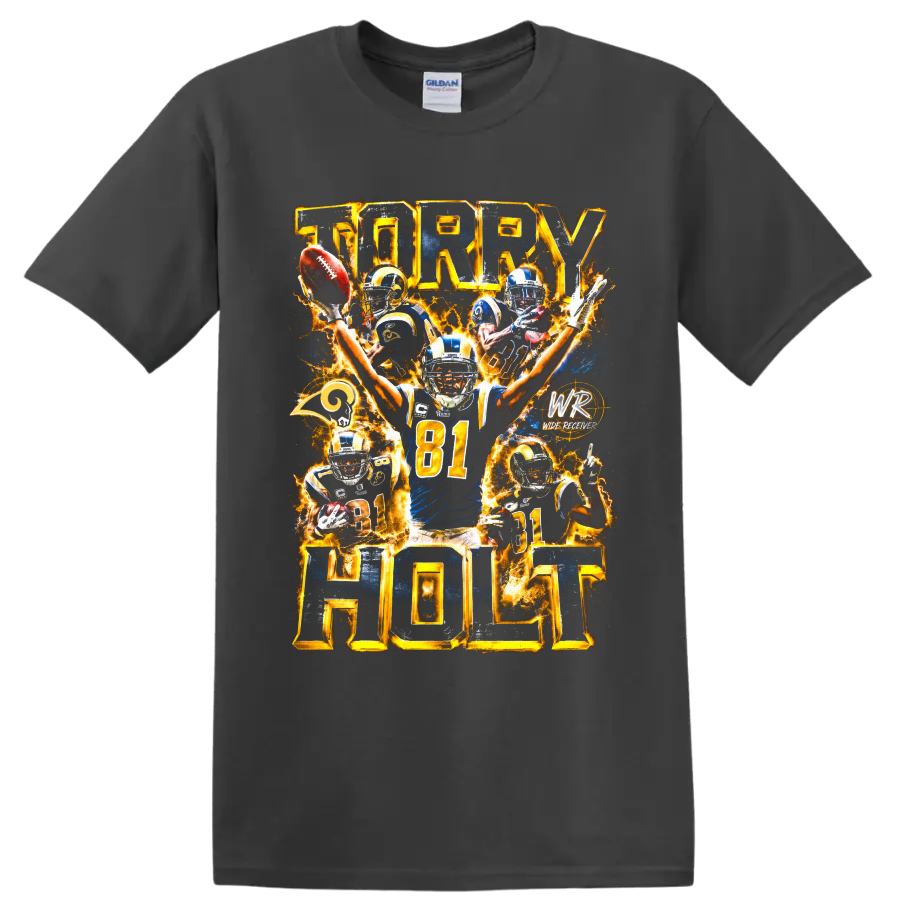 Torry Holt St. Louis Rams number 81 fiery football action collage on a Charcoal T Shirt