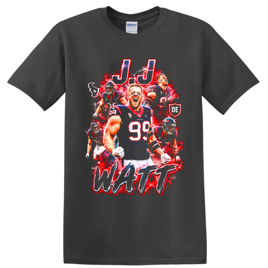 J.J. Watt Houston Texans number 99 football action collage with J.J. and WATT text on a Charcoal T Shirt