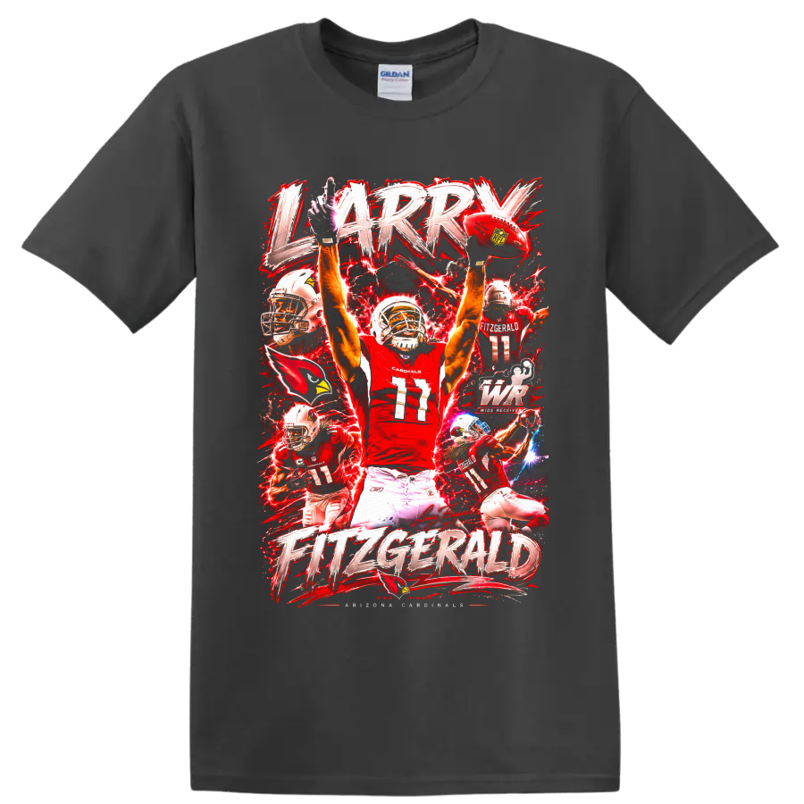 Larry Fitzgerald Arizona Cardinals number 11 action collage with red lightning lettering on a Charcoal T Shirt
