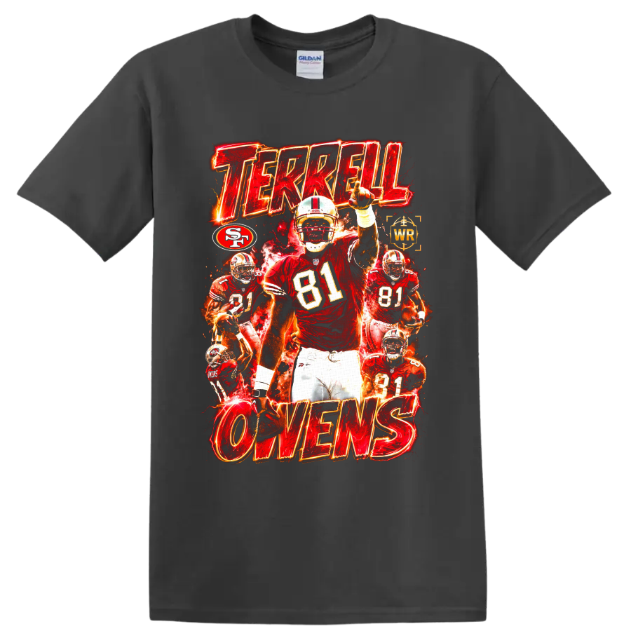 Terrell Owens 49ers number 81 fiery football collage with TERRELL OWENS text on a Charcoal T Shirt