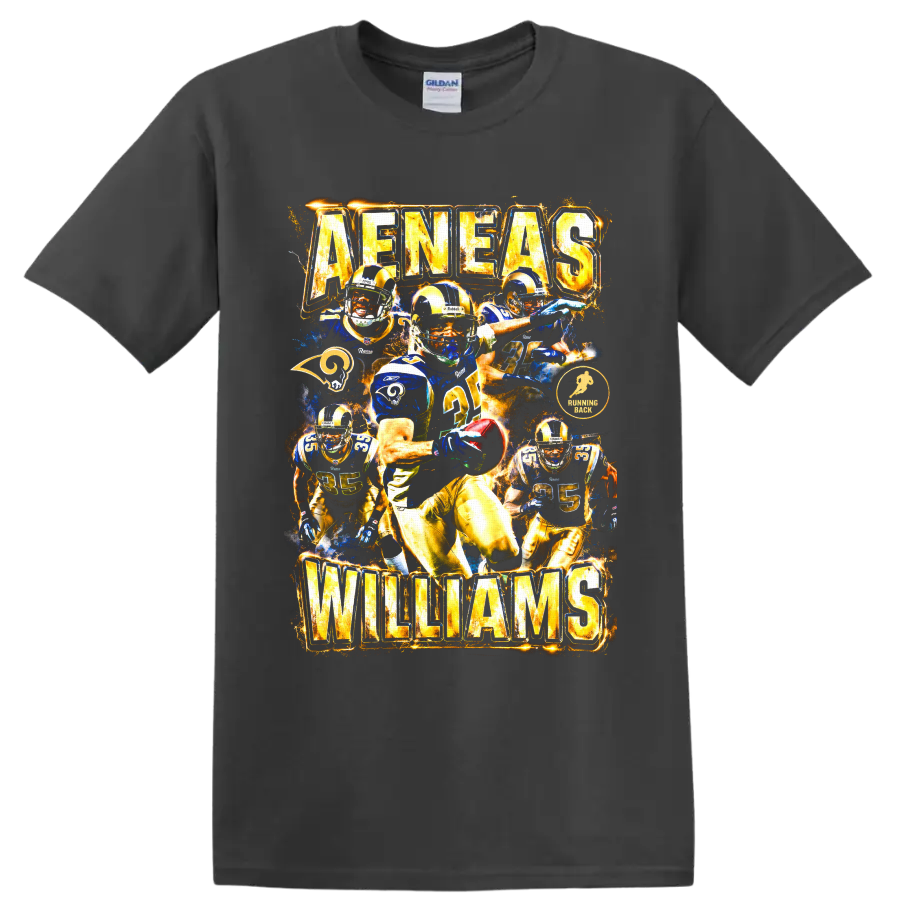 Aeneas Williams St. Louis Rams vintage football action collage with AENEAS WILLIAMS text on a Charcoal T Shirt