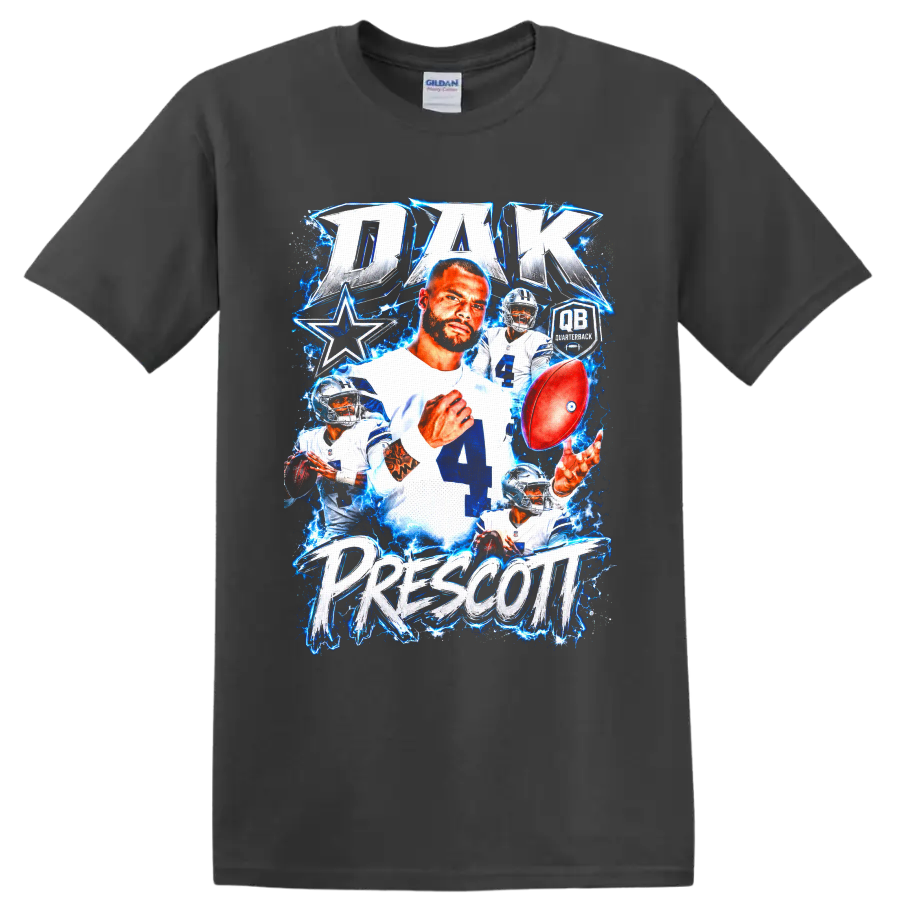 Dak Prescott Dallas Cowboys quarterback collage with football and electric blue effects on a Charcoal T Shirt