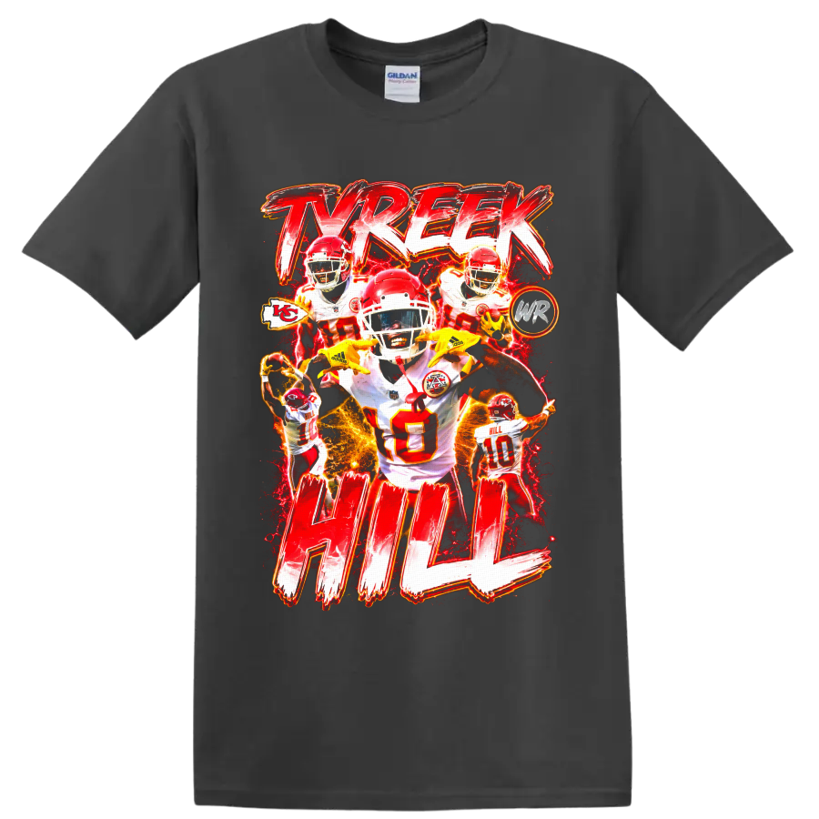 Tyreek Hill Kansas City Chiefs football collage with electric lettering and action poses on a Charcoal T Shirt