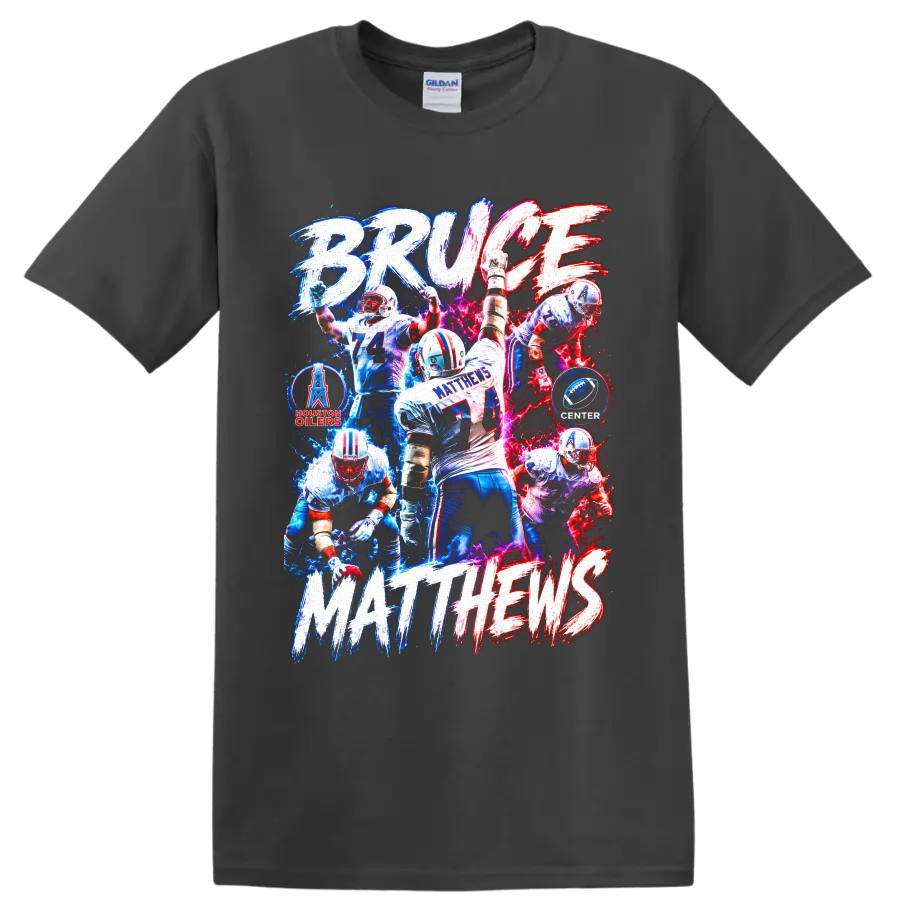 Bruce Matthews Houston Oilers No. 74 football collage with electric BRUCE MATTHEWS on a Charcoal T Shirt
