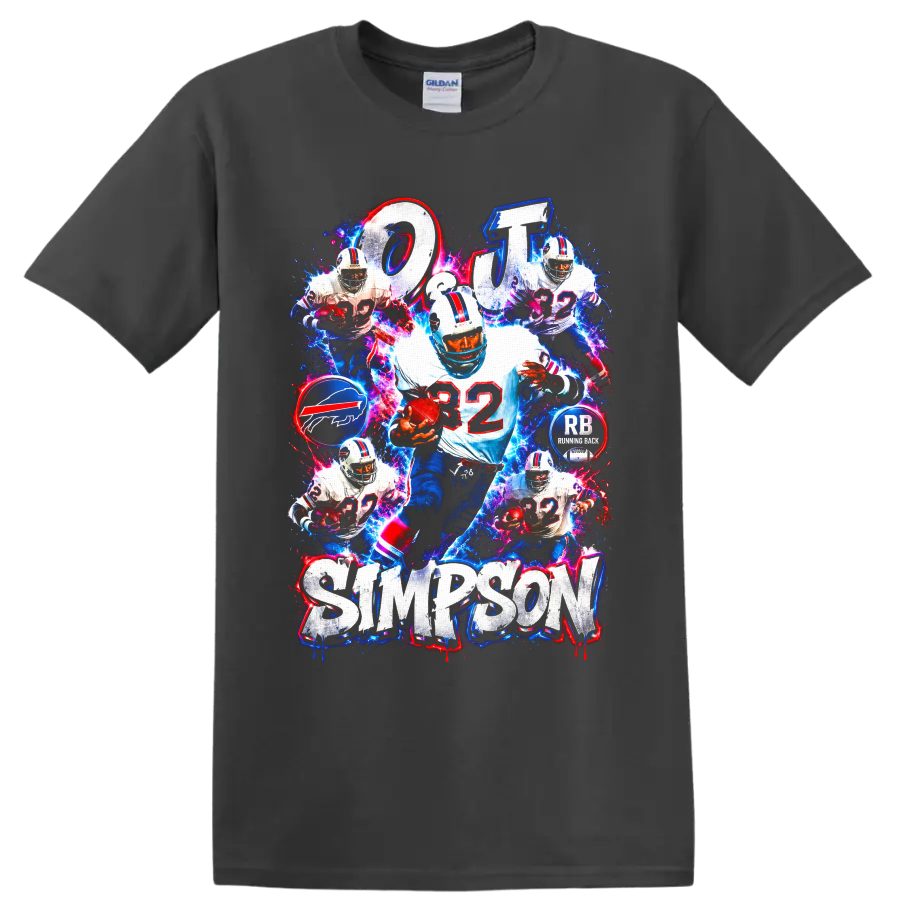 O.J. Simpson Buffalo Bills number 32 running back electric collage graphic on a Charcoal T Shirt