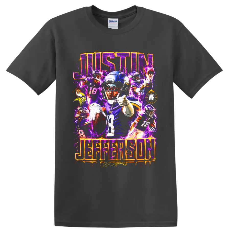 Justin Jefferson Minnesota Vikings number 18 football collage with electric purple on a Charcoal T Shirt