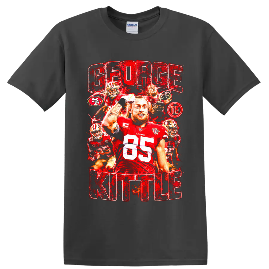 George Kittle 49ers number 85 football collage with distressed GEORGE KITTLE text on a Charcoal T Shirt
