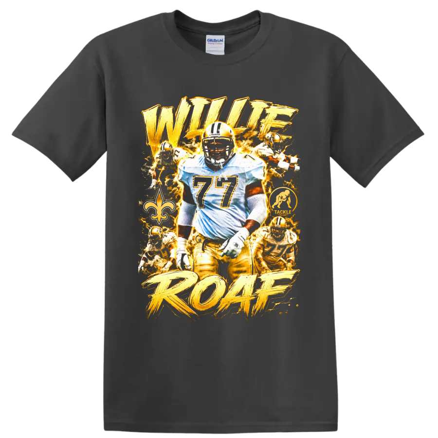Willie Roaf Saints football collage with number 77, fleur-de-lis, and ROAF lettering on a Charcoal T Shirt