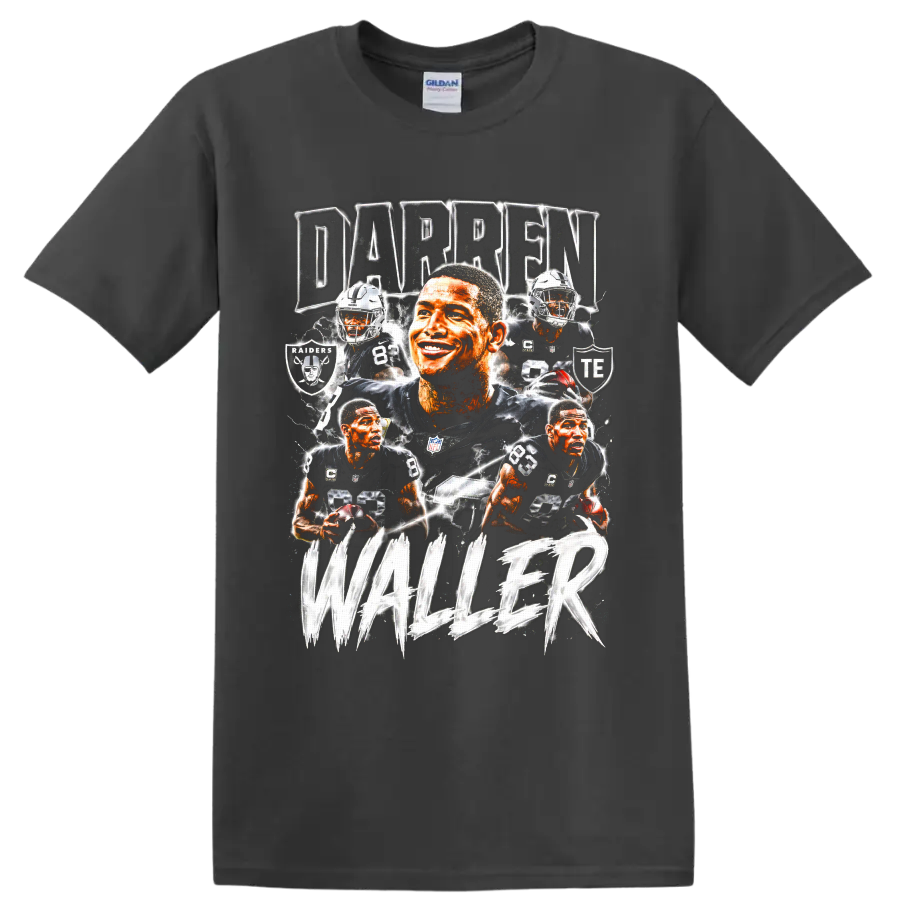 Darren Waller Raiders football collage with number 83, lightning, and DARREN WALLER text on a Charcoal T Shirt