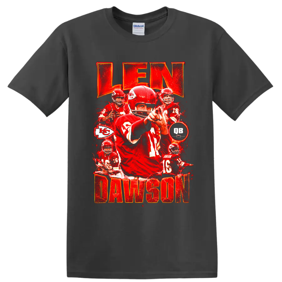 Len Dawson Kansas City Chiefs quarterback vintage red collage with LEN DAWSON text on a Charcoal T Shirt