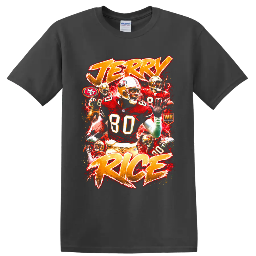 Jerry Rice 49ers wide receiver collage with number 80, red lightning, and gold lettering on a Charcoal T Shirt
