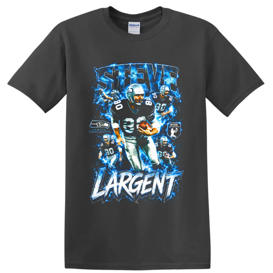 Steve Largent Seattle Seahawks number 80 electric blue football collage with Largent text on a Charcoal T Shirt